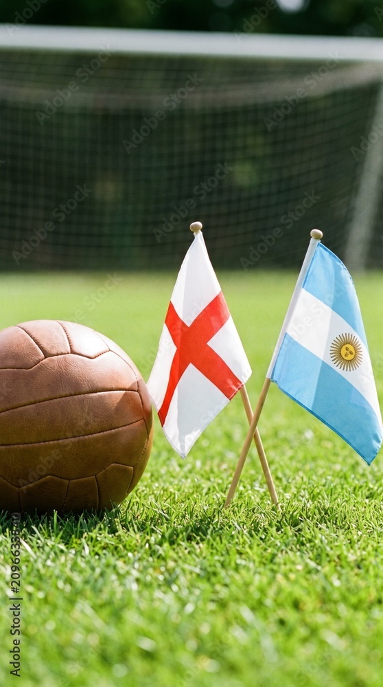 Fototapeta premium Vintage-style brown leather soccer ball next to small flags of England and Argentina on the grass.