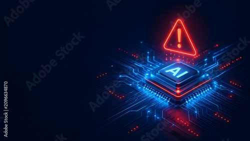 Glowing blue AI microprocessor on a motherboard with a red warning triangle symbolizing cybersecurity threats and artificial intelligence errors.