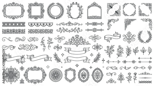 Foto Set of black line art vintage frames borders and monograms.