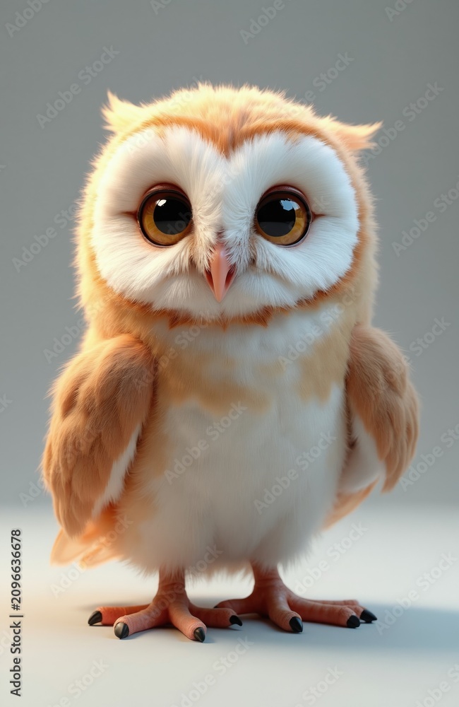Obraz premium Cute baby owl stands in studio. Small fluffy bird round brown eyes, soft light feathers. Young nocturnal animal character looks curious. Digital 3d render of woodland creature features realistic