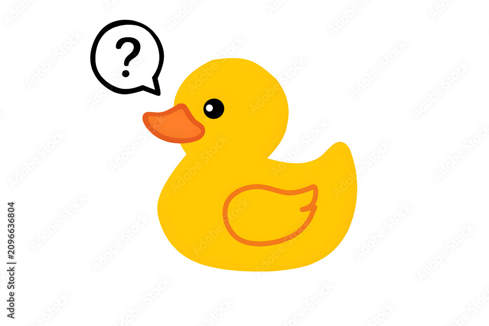 Fototapeta premium Cute yellow rubber duck with a question mark speech bubble vector illustration, confused expression isolated on white background