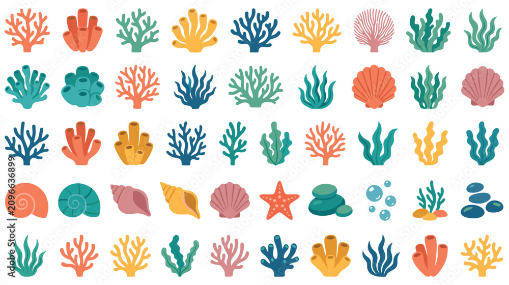 Obraz premium Ocean coral and seashell icons set for marine designs.