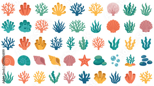 Ocean coral and seashell icons set for marine designs.
