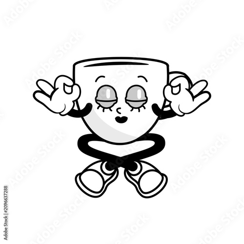 Cup cartoon character in retro style. Cute drink mascot sitting with ok hand gestures for cafe branding, stickers, social media, packaging and print. Vector illustration.