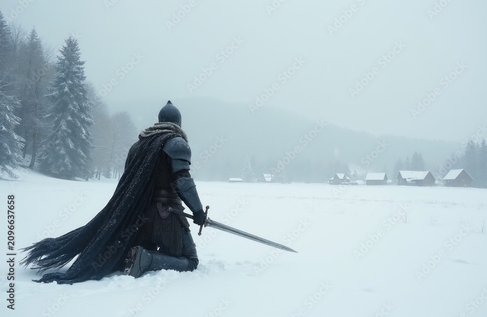 Fototapeta premium Armored knight kneels in snow holding sword. Winter landscape with pine trees and village. Gloomy weather, atmospheric scene. Warrior ready for battle.