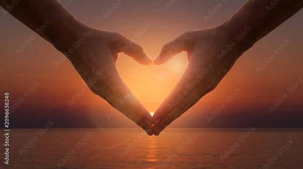 Fototapeta premium Two Hands Forming a Heart Shape at Sunset Over the Ocean, Symbolizing Love and Connection