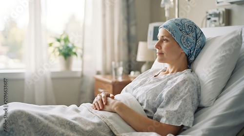 Serene Woman in Hospital Bed with Chemo Cap Looking Thoughtful and Peaceful in Medical Setting
