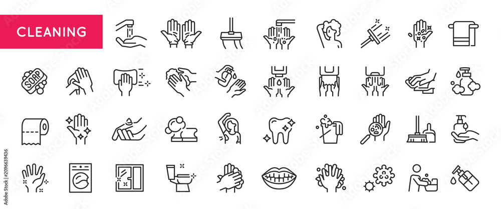 Fototapeta premium Cleaning icons. Set of 20 Cleaning trendy minimal icons. Vector illustration