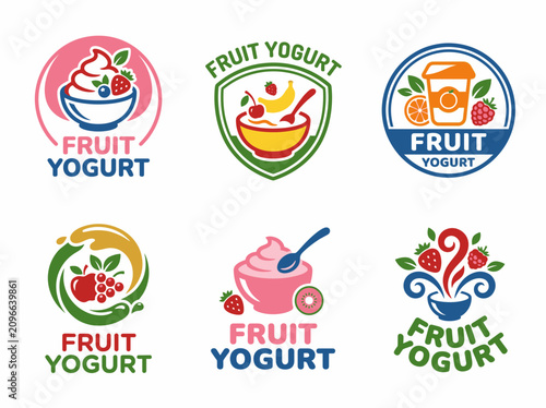 Set of fruit yogurt logos, emblems and icons with fresh berries and fruits