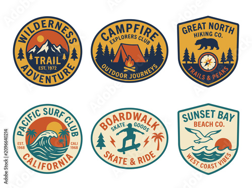 Set of vintage outdoor adventure and beach badges and emblems