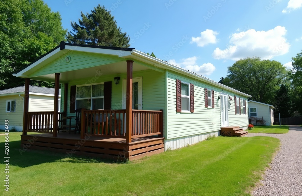 Obraz premium Pale green mobile home with front porch and wooden deck sits on neat lawn under blue sky. Neighboring houses visible on sunny summer day in quiet residential area.