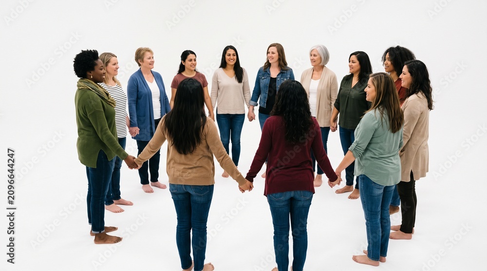 Obraz premium Diverse group of women holding hands in a circle symbolizing unity and support