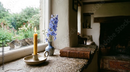 Cozy Rustic Window Scene with Lit Candle Antique Book and Wildflowers in a Country Cottage Interior