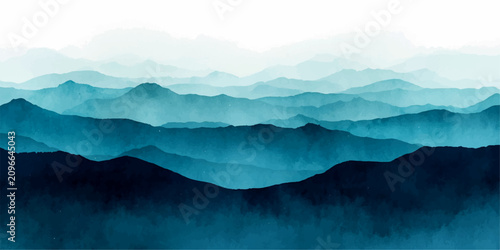 Obraz na plátně Misty Mountain Layers A serene panorama of overlapping mountain ranges fading into a soft, ethereal mist, painted in cool, deep blues and greens, evoking a sense of profound tranquility and vastness