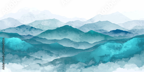 Konstfotografi Misty Mountain Serenity A watercolor-style landscape painting depicts undulating mountains shrouded in ethereal mist, rendered in a calming palette of blues and greens