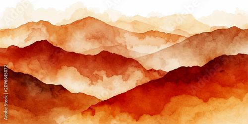 фотографія Crimson Peaks A watercolor wash depicts rolling mountain ranges in hues of crimson and ochre, evoking a sense of serene, ethereal beauty and natural grandeur