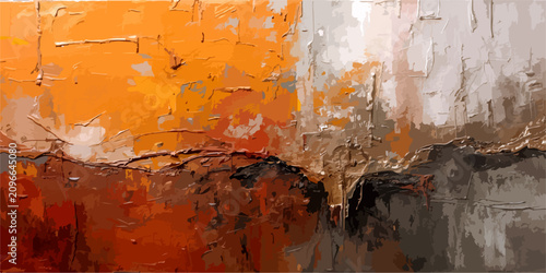 Schilderij op canvas Textural Abstraction Warm oranges and earthy tones blend into a rich, textured abstract painting, evoking a sense of depth and raw emotion through its impasto application and dynamic brushwork