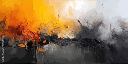 Bilde på lerret Abstract Expressionism Explosion A dynamic abstract artwork with fiery orange and yellow hues contrasting with dark, moody grays and blacks
