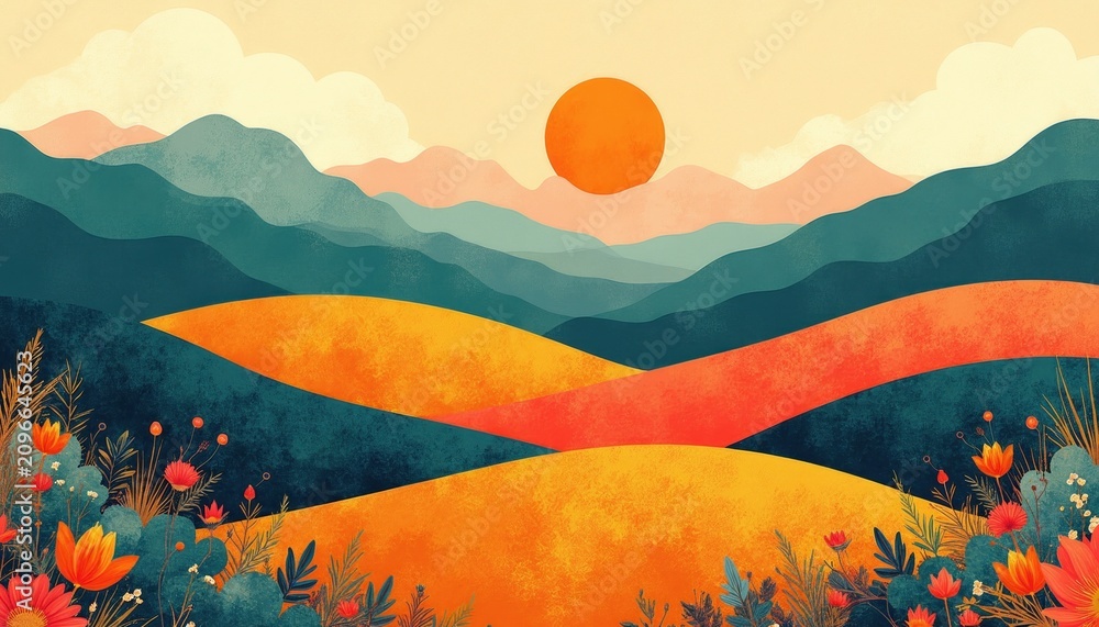 Obraz premium Abstract mountain landscape with flat geometric hills, sunset sun. Modern art style features vibrant orange yellow floral meadow foreground. Calm nature scenery design for wallpaper banner background
