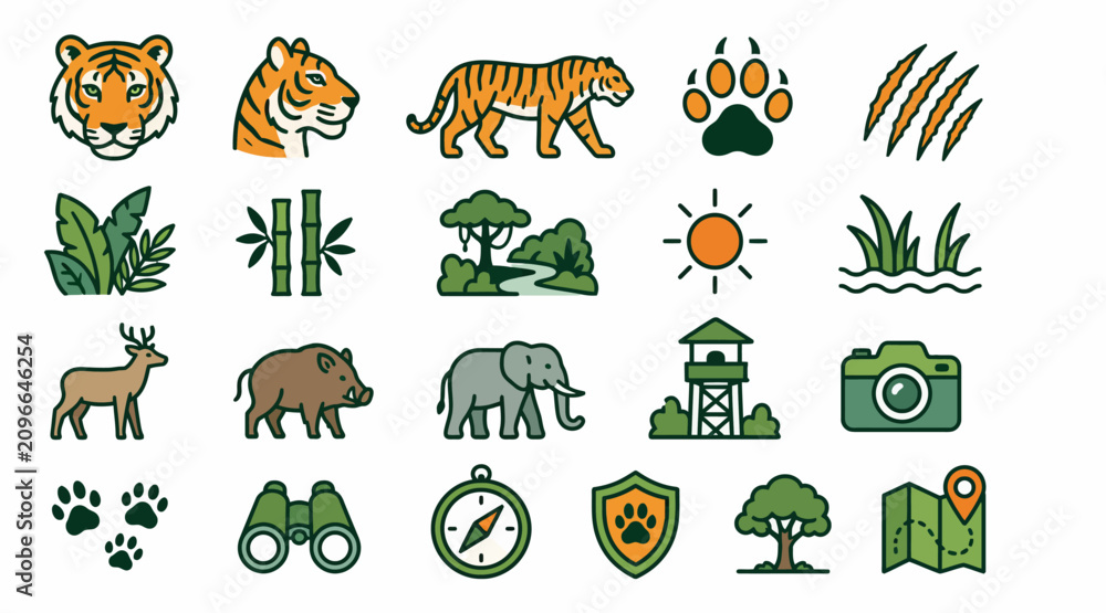 Obraz premium Colorful wildlife and nature icons set illustration.
