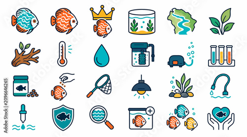 Tableau sur toile Colorful Aquarium and Marine Life Icon Set.