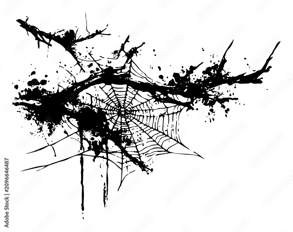 Obraz premium Spider web on dead tree branches illustration with black ink splatters, spooky gothic nature sketch