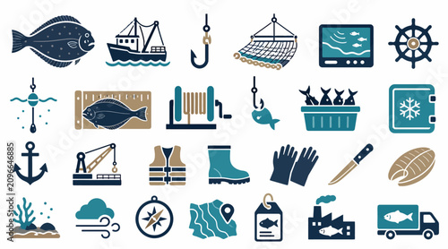 Obraz na płótnie Colorful flat icons of fishing and sea industry elements.