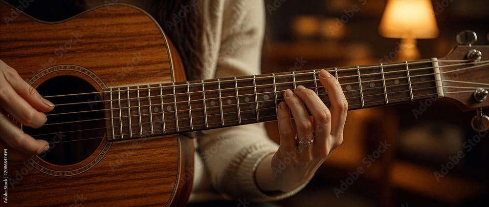Obraz premium Close-up of a female hand playing acoustic guitar, showing musical creativity, passion, craftsmanship, and artistic expression with warm lifestyle photography.