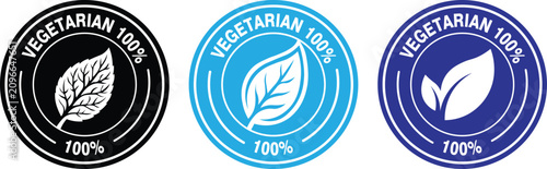 Fotografie 100 percent vegetarian certification badge vector set with circular leaf icons f