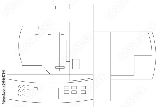 Konstfotografi Technical outline drawing of a multifunction office printer or scanner, showing the main body, control panel, and paper tray configuration