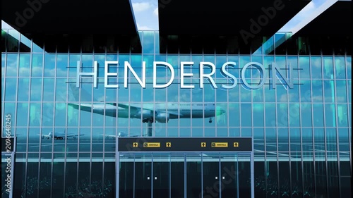 Airlane landing at Henderson, USA. Arrival in the city with reflection of airport and aircraft