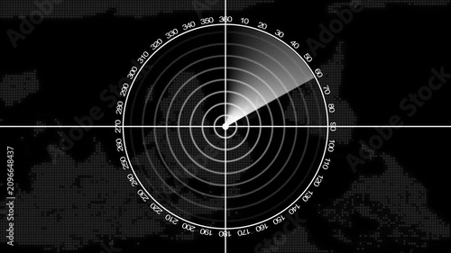 Digital radar screen scanning motion with map background, for military and, technology concepts, sonar interface