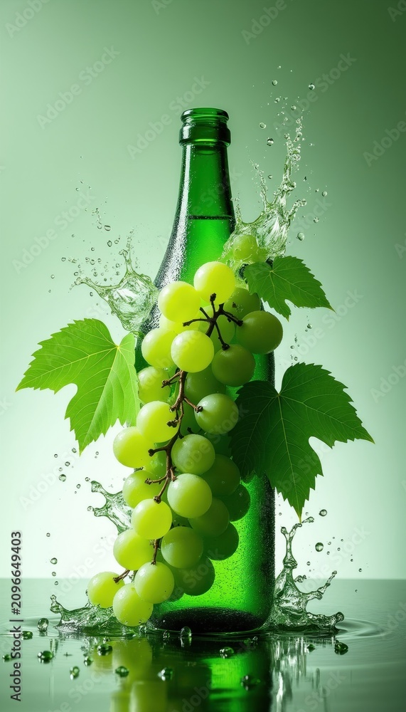 Obraz premium Green bottle of white wine with bunch of fresh grapes, leaves. Liquid water splash motion around glass container on light background. Concept of organic vineyard harvest, winery production. Natural