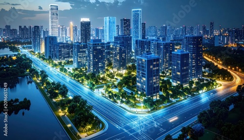 Aerial view of glowing futuristic city at night.