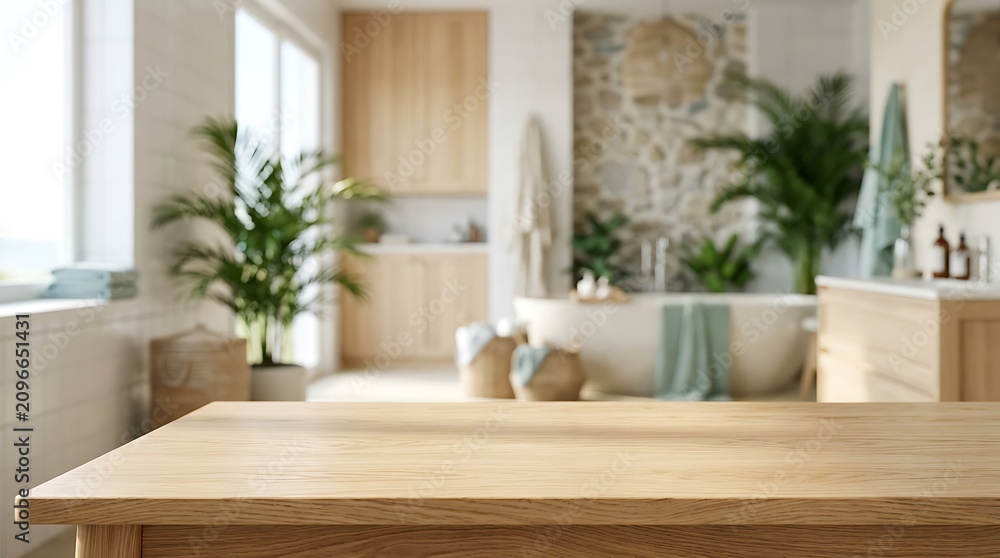 Fototapeta premium Empty wooden table top in blurred bright modern bathroom interior for product mockup and home decor display designs.