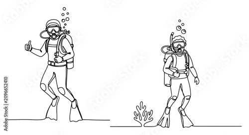 Photos Scuba divers continuous line drawing, minimalist underwater diving vector illust
