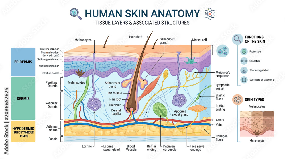 Obraz premium Human Skin Anatomy Diagram: Epidermis, Dermis, Hypodermis Layers & Structures