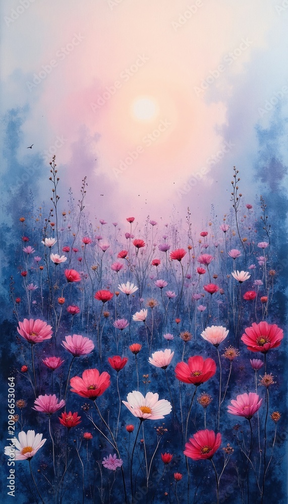 Fototapeta premium Watercolor painting of field with pink and white cosmos flowers blooming under soft sun glow. Blue and purple sky with clouds creates dreamy atmosphere. Bird flies in distance.