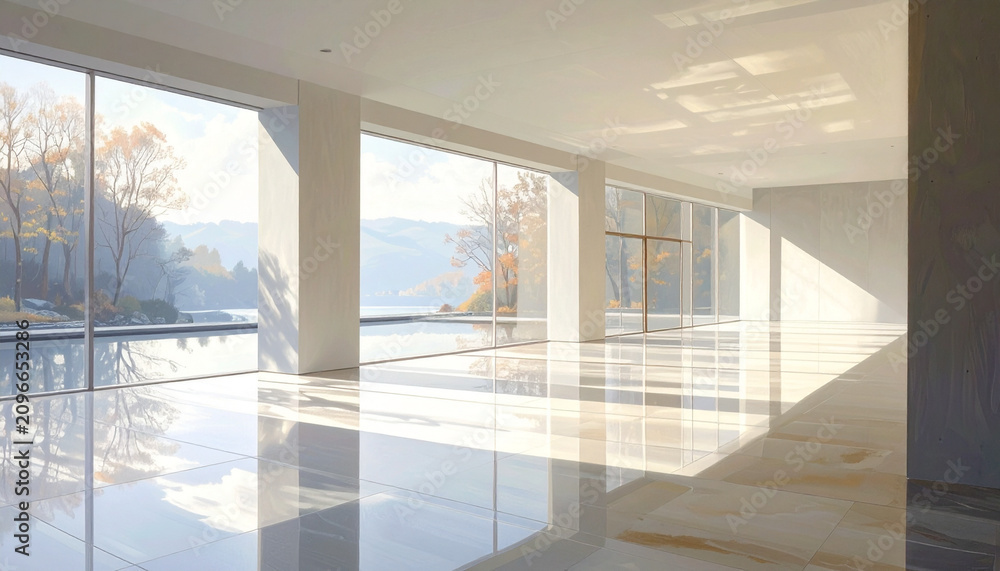 Fototapeta premium Modern interior with large windows