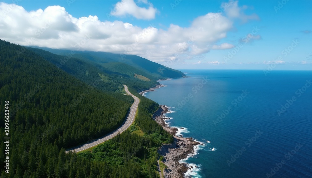 Obraz premium Aerial view of Cabot Trail along Cape Breton coast in Canada. Winding highway road runs through dense evergreen forest beside rocky shoreline, blue Atlantic Ocean water. Scenic landscape shows