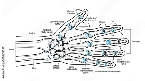 Foto Human Hand Anatomy: Skeletal Structure and Joint Movement Diagram