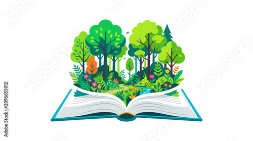 Open Book with Magical Forest Landscape Illustration