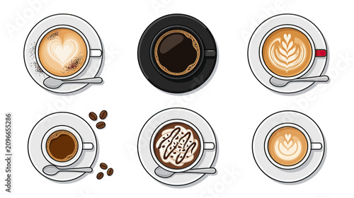 Obraz na płótnie Diverse Coffee Drinks Collection: Top View of Various Cups with Latte Art and Es