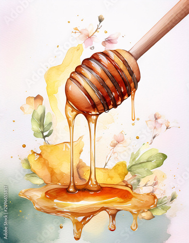 Honey dripping from a wooden dipper with flowers. Generative AI.