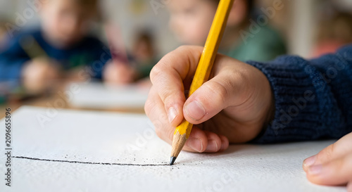 Close up of a young boy holding a yellow pencil and drawing a straight line on white paper while sitting in a classroom environment Generative AI