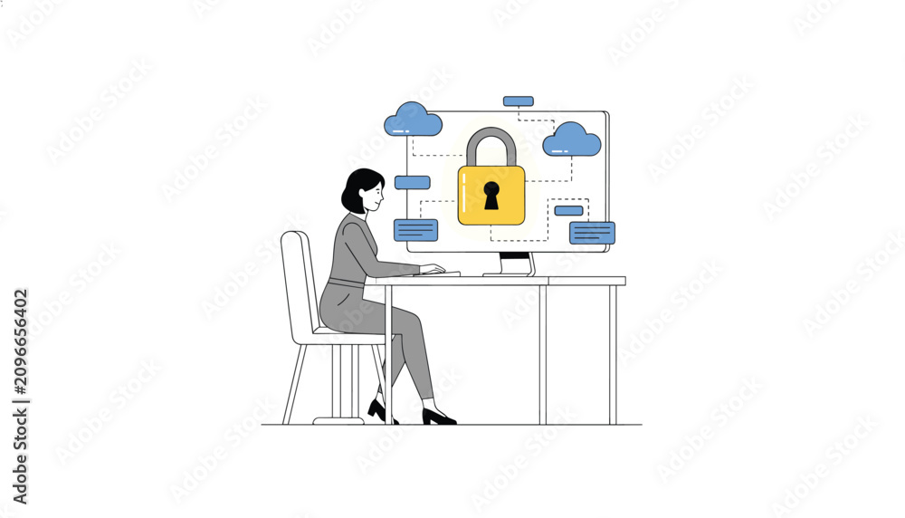 Fototapeta premium Businesswoman sitting at a desk and working on a computer that displays a secure padlock icon linked to cloud data network.