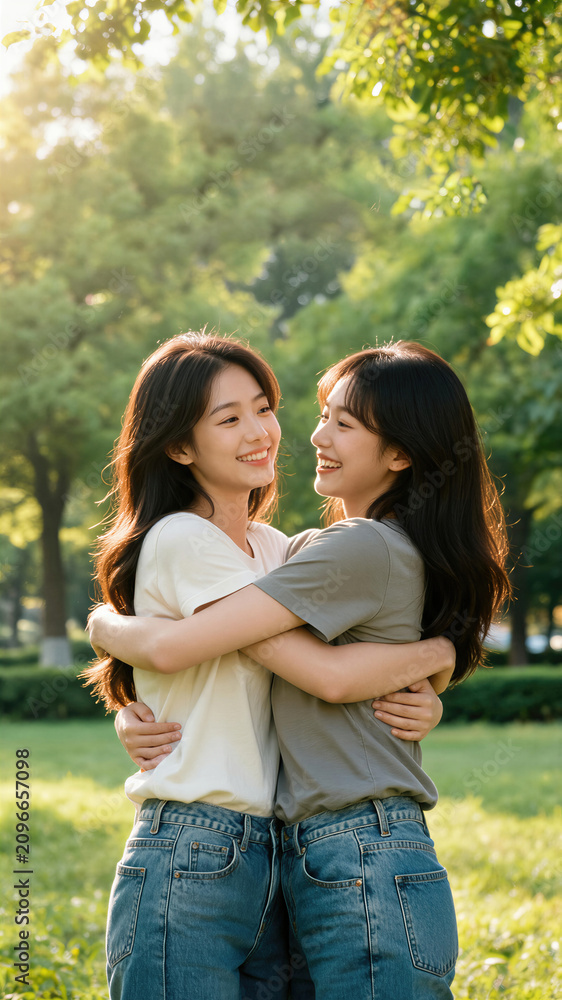 Fototapeta premium Two asian woman friends hugging in a park with sunlight. Young girls smiling and embracing outdoors on Friendship Day. Concept of emotional connection, loyalty, harmony and affection.