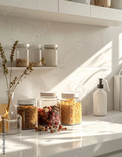 Kitchen countertop with glass storage jars, dried grains, pulses, herbs in sunlit interior, cozy home decor atmosphere
