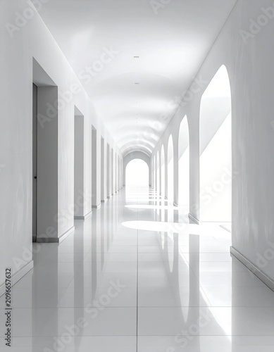 Long empty white corridor with symmetrical arched doorways and high glossy floor, modern architectural perspective, clean interior design, bright hallway