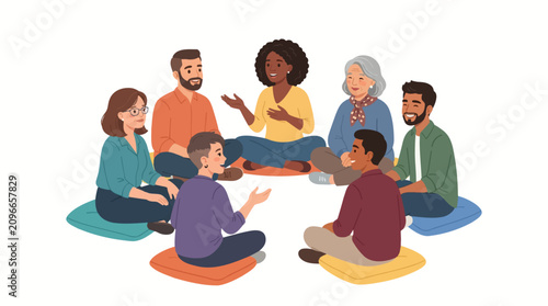 Diverse Group Session: A diverse group of people, representing various ages, genders, and ethnicities, sit in a circle on colorful cushions, engaged in a dynamic conversation.